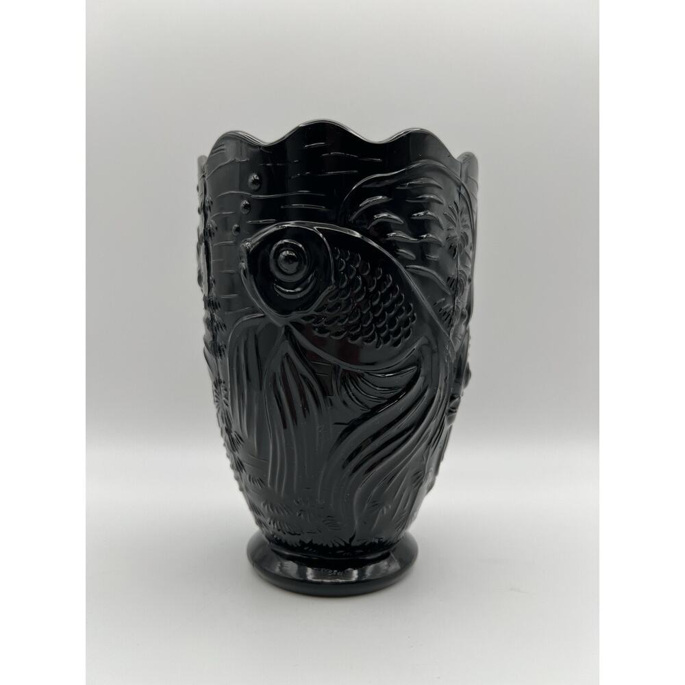 Sarsaparilla Black Glass Vase w Goldfish or Koi Fish 7.5” Vintage #766